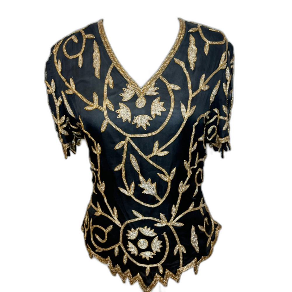 Vintage Laurence Kazar Black Silk Top Gold Beaded Floral Blouse V-Neck Party